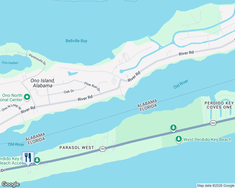 map of restaurants, bars, coffee shops, grocery stores, and more near 31680 River Road in Orange Beach