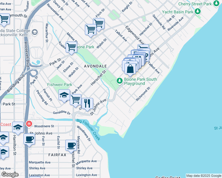map of restaurants, bars, coffee shops, grocery stores, and more near 3750 Riverside Avenue in Jacksonville