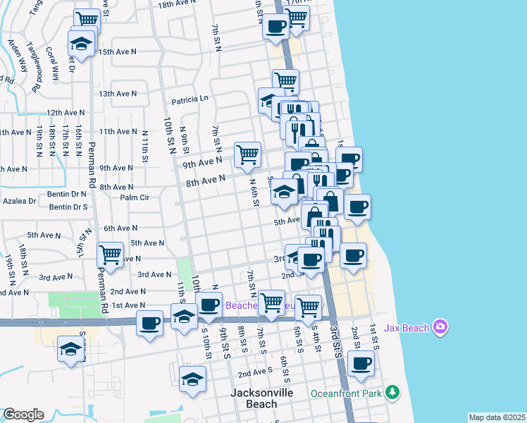 map of restaurants, bars, coffee shops, grocery stores, and more near 526 6th Avenue North in Jacksonville Beach