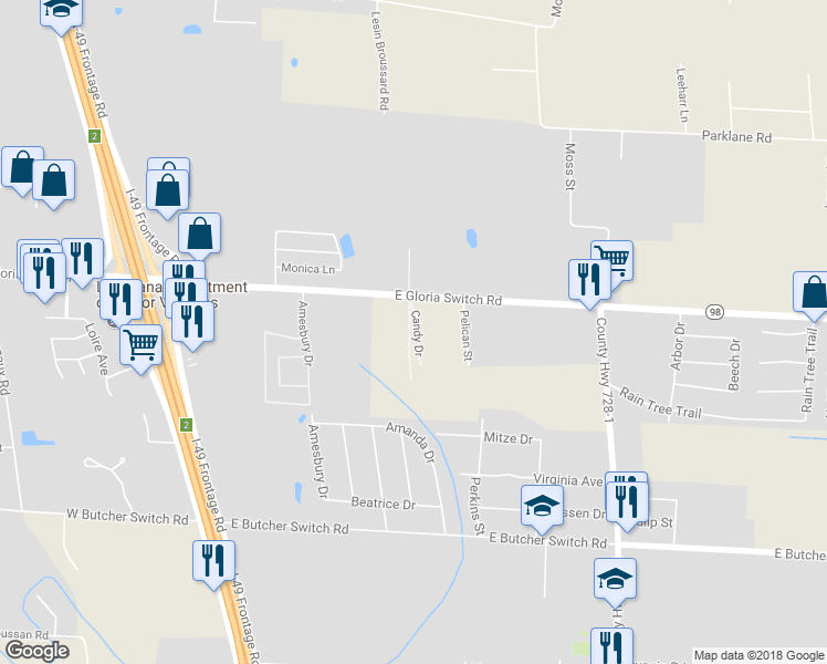 map of restaurants, bars, coffee shops, grocery stores, and more near 204 Candy Drive in Lafayette