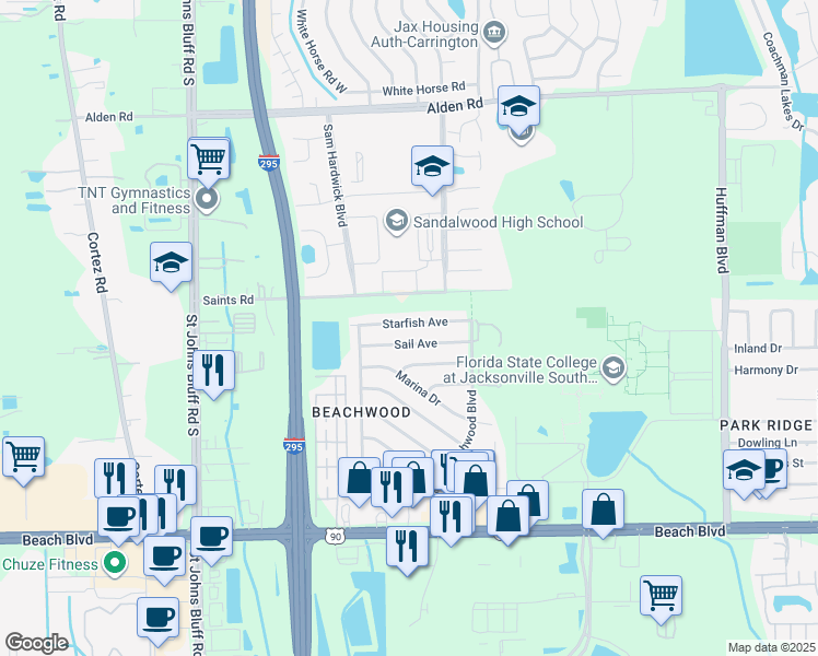 map of restaurants, bars, coffee shops, grocery stores, and more near 11658 Starfish Avenue in Jacksonville