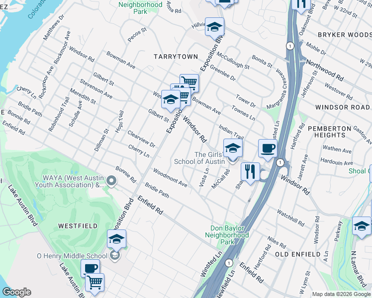 map of restaurants, bars, coffee shops, grocery stores, and more near 2100 Forest Trail in Austin