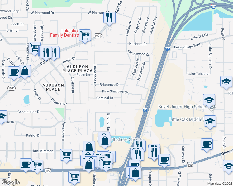 map of restaurants, bars, coffee shops, grocery stores, and more near 425 Pine Shadows Dr in Slidell