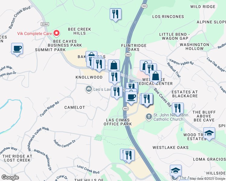 map of restaurants, bars, coffee shops, grocery stores, and more near 705 Castle Ridge Road in Austin
