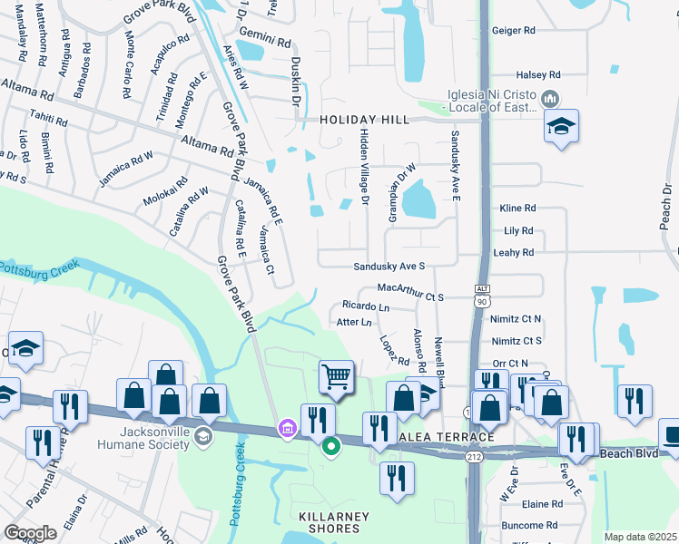 map of restaurants, bars, coffee shops, grocery stores, and more near 8838 Sandusky Avenue West in Jacksonville
