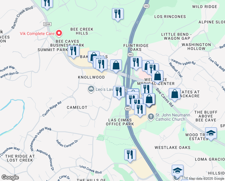 map of restaurants, bars, coffee shops, grocery stores, and more near 705 Castle Ridge Road in Austin