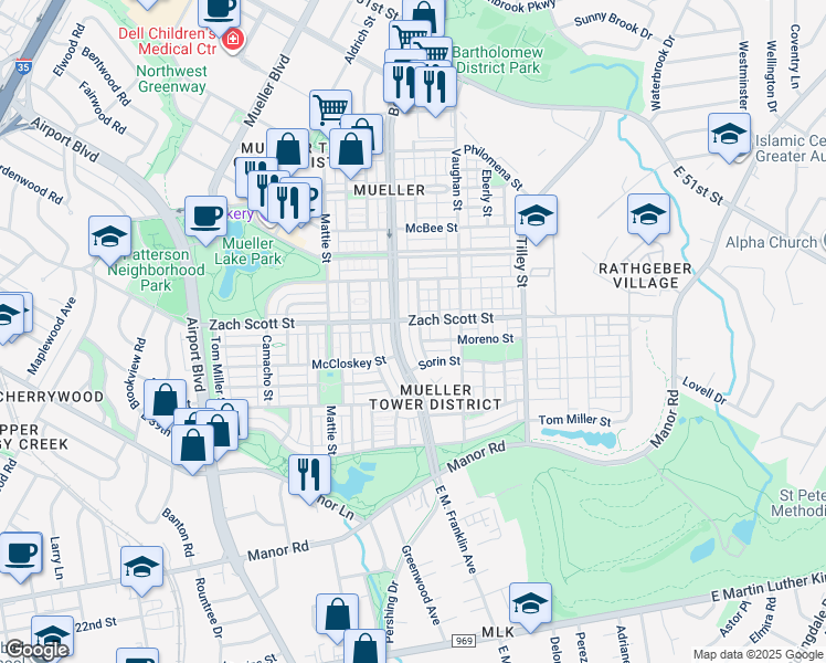 map of restaurants, bars, coffee shops, grocery stores, and more near 4206 Nitschke Street in Austin