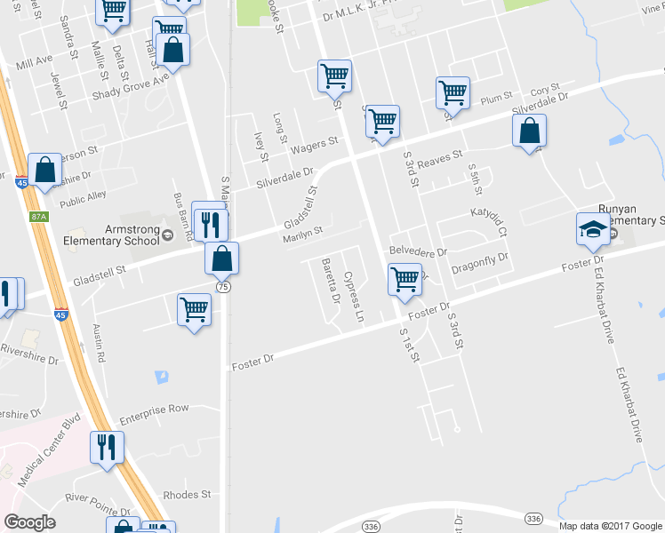 map of restaurants, bars, coffee shops, grocery stores, and more near 128 Baretta Drive in Conroe