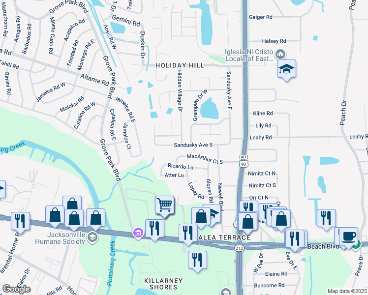 map of restaurants, bars, coffee shops, grocery stores, and more near 8882 Sandusky Avenue West in Jacksonville