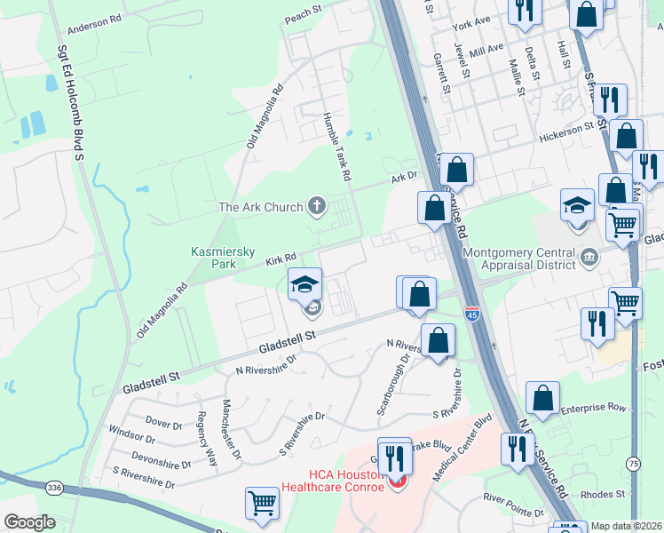 map of restaurants, bars, coffee shops, grocery stores, and more near 808 Gladstell Street in Conroe