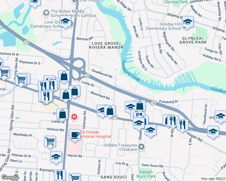 map of restaurants, bars, coffee shops, grocery stores, and more near 1530 Ryar Road in Jacksonville