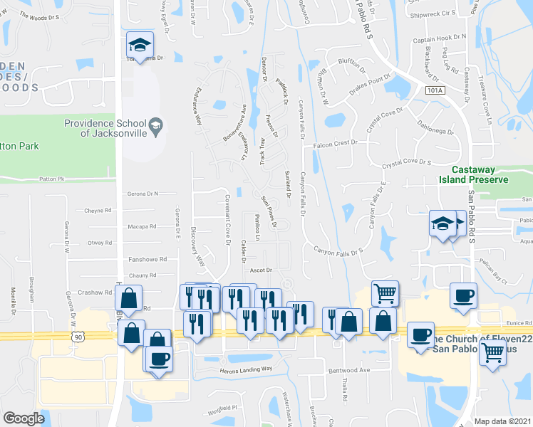 map of restaurants, bars, coffee shops, grocery stores, and more near 2902 Suni Pines Drive in Jacksonville