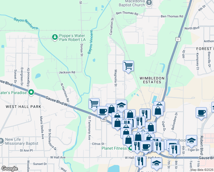 map of restaurants, bars, coffee shops, grocery stores, and more near 500 Cypress Street in Slidell