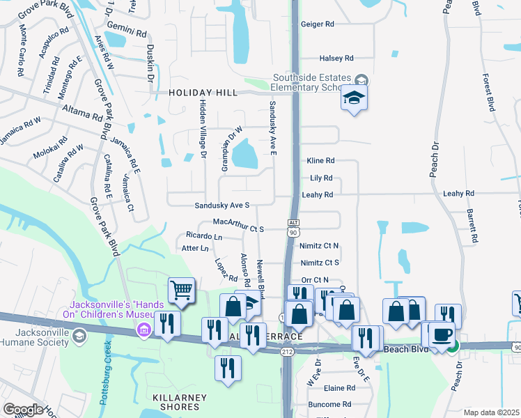 map of restaurants, bars, coffee shops, grocery stores, and more near 8964 Sandusky Avenue East in Jacksonville
