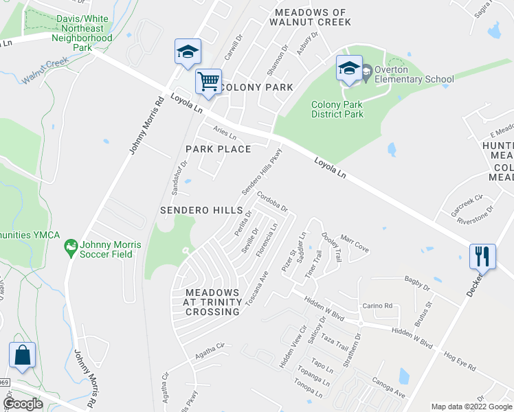 map of restaurants, bars, coffee shops, grocery stores, and more near 6345 Florencia Lane in Austin