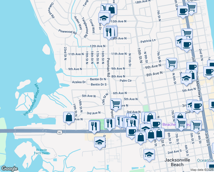 map of restaurants, bars, coffee shops, grocery stores, and more near 1510 Bentin Drive South in Jacksonville Beach