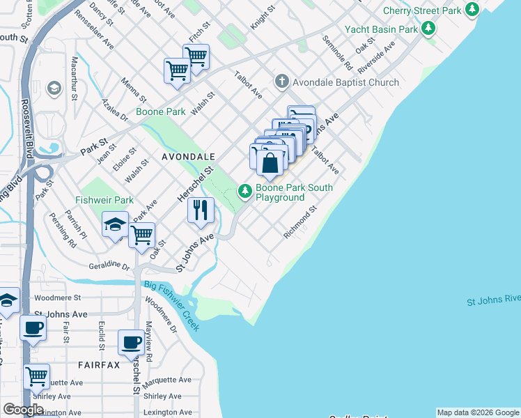 map of restaurants, bars, coffee shops, grocery stores, and more near in Jacksonville