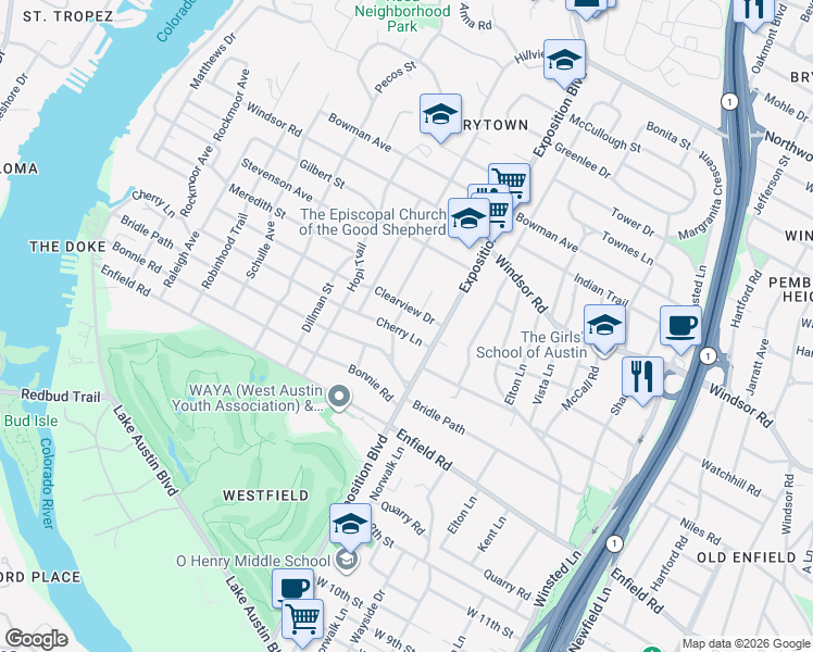map of restaurants, bars, coffee shops, grocery stores, and more near 2804 Cherry Lane in Austin