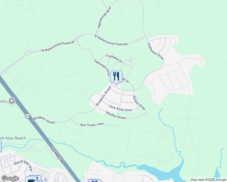 map of restaurants, bars, coffee shops, grocery stores, and more near 132 Cannonball Lane in Panama City Beach