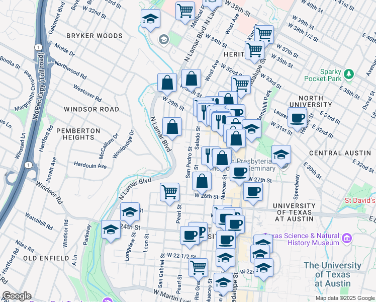 map of restaurants, bars, coffee shops, grocery stores, and more near 2806 San Pedro Street in Austin