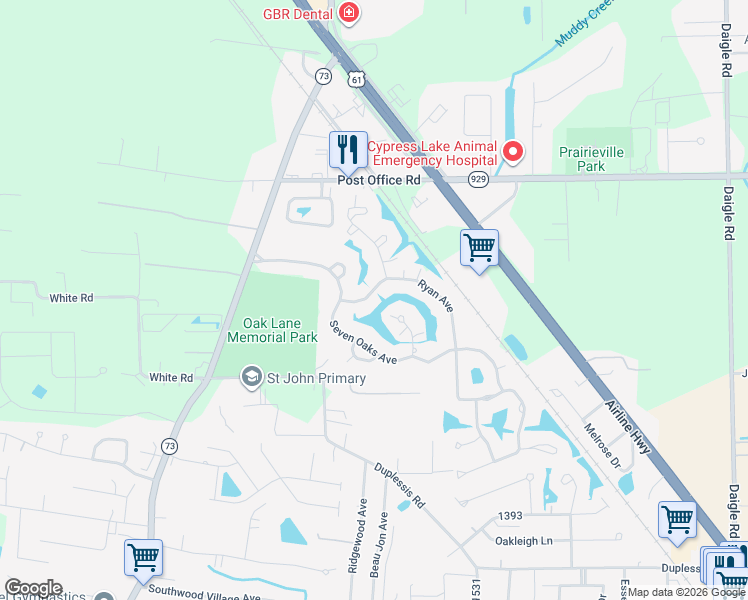 map of restaurants, bars, coffee shops, grocery stores, and more near 15491 Ryan Avenue in Prairieville