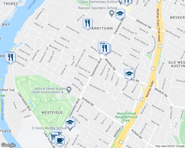 map of restaurants, bars, coffee shops, grocery stores, and more near 2700 Clearview Drive in Austin