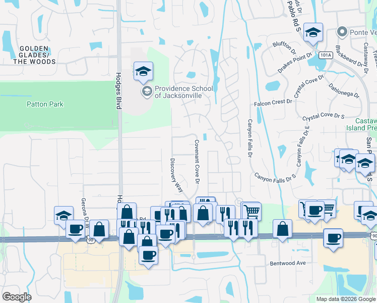 map of restaurants, bars, coffee shops, grocery stores, and more near 13855 Jeremiah Road in Jacksonville
