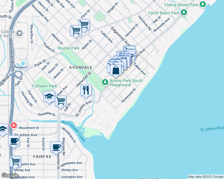 map of restaurants, bars, coffee shops, grocery stores, and more near in Jacksonville