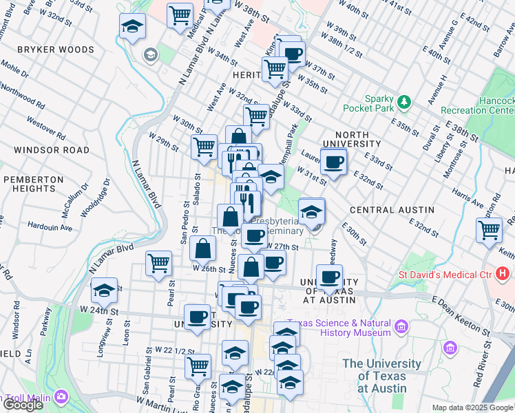 map of restaurants, bars, coffee shops, grocery stores, and more near 2801 Guadalupe Street in Austin