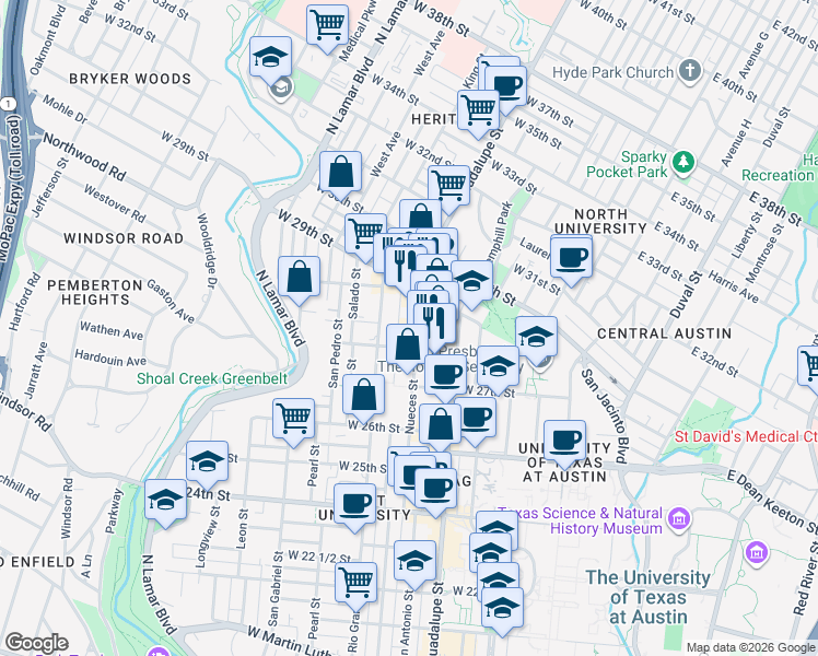 map of restaurants, bars, coffee shops, grocery stores, and more near 2806 Nueces Street in Austin