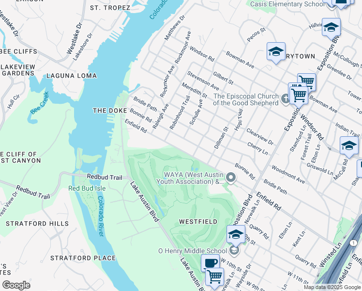map of restaurants, bars, coffee shops, grocery stores, and more near 3402A Enfield Road in Austin