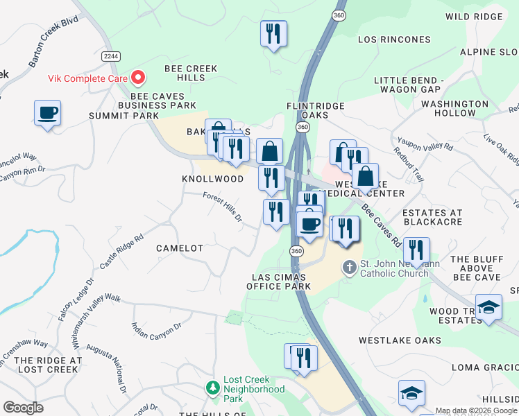 map of restaurants, bars, coffee shops, grocery stores, and more near 705 Castle Ridge Road in Austin