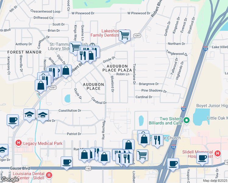 map of restaurants, bars, coffee shops, grocery stores, and more near 274 Bluebird Drive in Slidell