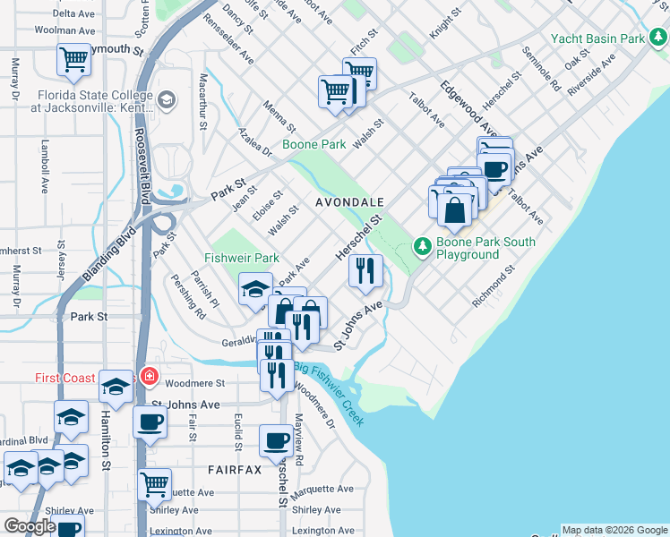 map of restaurants, bars, coffee shops, grocery stores, and more near 3862 Herschel Street in Jacksonville