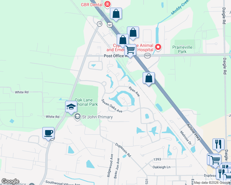 map of restaurants, bars, coffee shops, grocery stores, and more near 15491 Ryan Avenue in Prairieville