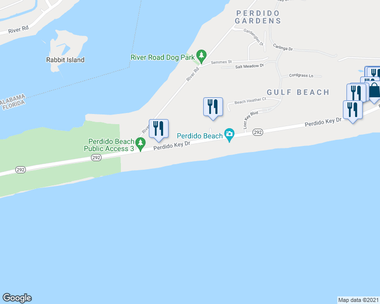 map of restaurants, bars, coffee shops, grocery stores, and more near 14621 Perdido Key Drive in Pensacola