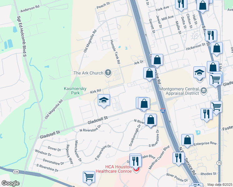 map of restaurants, bars, coffee shops, grocery stores, and more near 808 Gladstell Street in Conroe