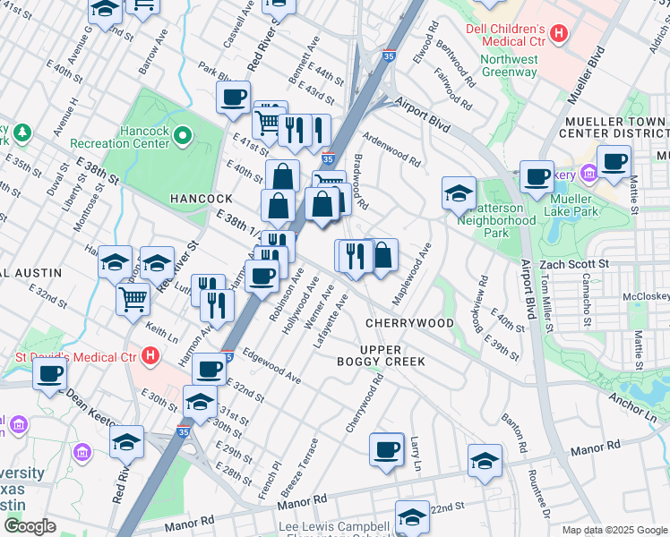 map of restaurants, bars, coffee shops, grocery stores, and more near 1230 East 38th Street in Austin