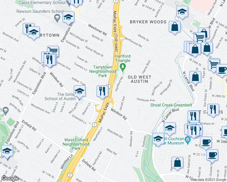 map of restaurants, bars, coffee shops, grocery stores, and more near 2418 Hartford Road in Austin