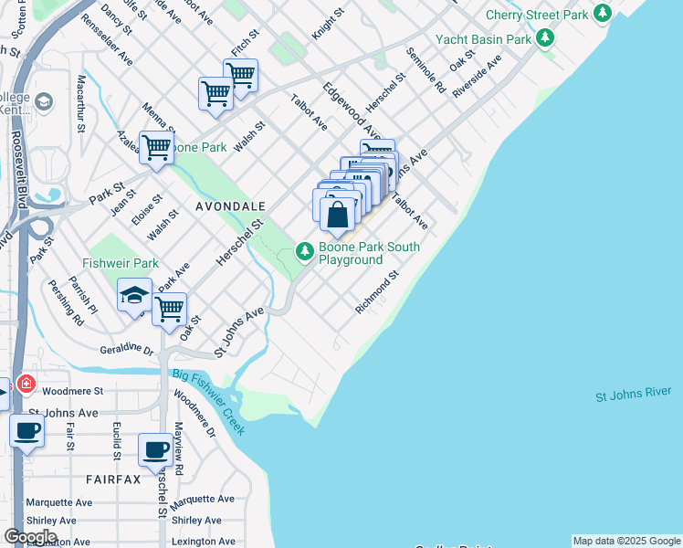 map of restaurants, bars, coffee shops, grocery stores, and more near 3680 Pine Street in Jacksonville