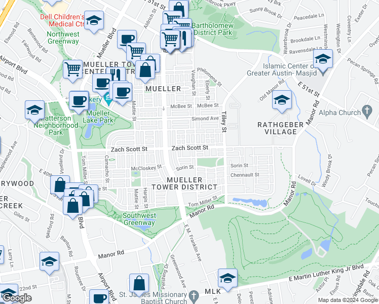 map of restaurants, bars, coffee shops, grocery stores, and more near 2607 Zach Scott Street in Austin