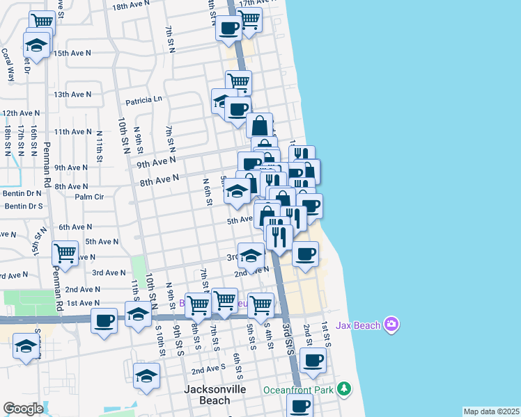map of restaurants, bars, coffee shops, grocery stores, and more near 610 3rd Street North in Jacksonville Beach