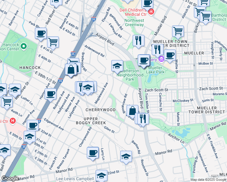 map of restaurants, bars, coffee shops, grocery stores, and more near 4003 Cherrywood Road in Austin