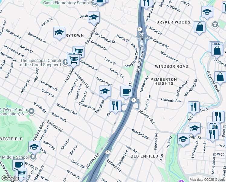 map of restaurants, bars, coffee shops, grocery stores, and more near 2413 Dormarion Lane in Austin