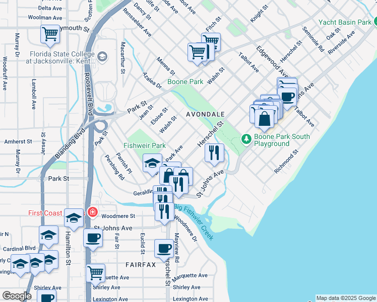 map of restaurants, bars, coffee shops, grocery stores, and more near 3877 Herschel Street in Jacksonville