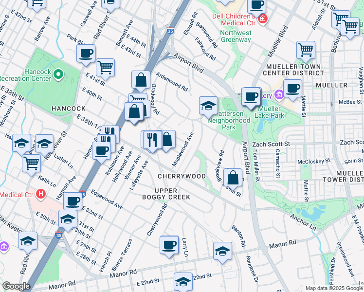 map of restaurants, bars, coffee shops, grocery stores, and more near 3904 Maplewood Avenue in Austin