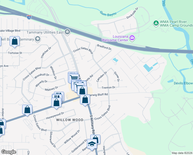 map of restaurants, bars, coffee shops, grocery stores, and more near 227 Camden Street in Slidell