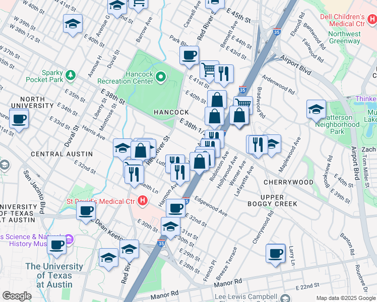 map of restaurants, bars, coffee shops, grocery stores, and more near 3500 Harmon Avenue in Austin