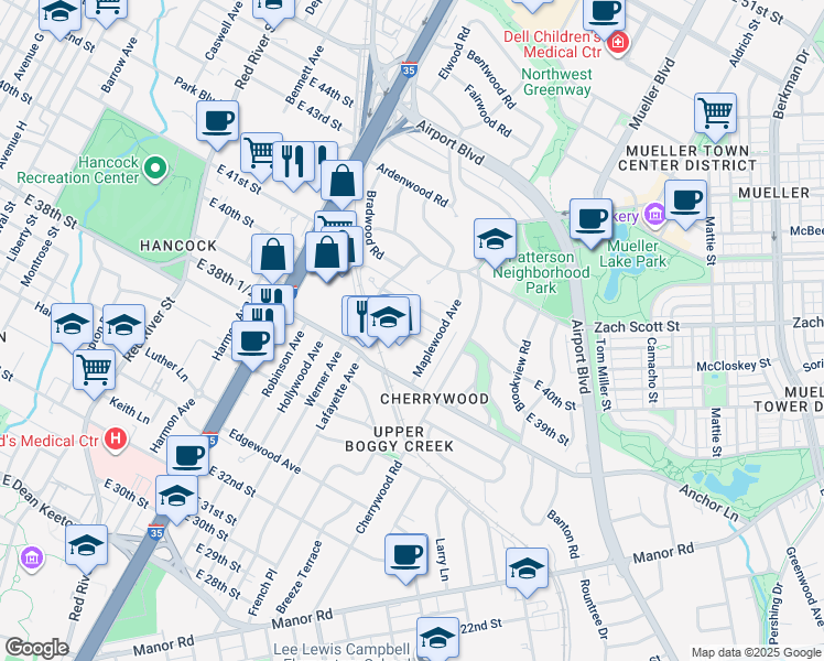 map of restaurants, bars, coffee shops, grocery stores, and more near 1502 Ashwood Road in Austin