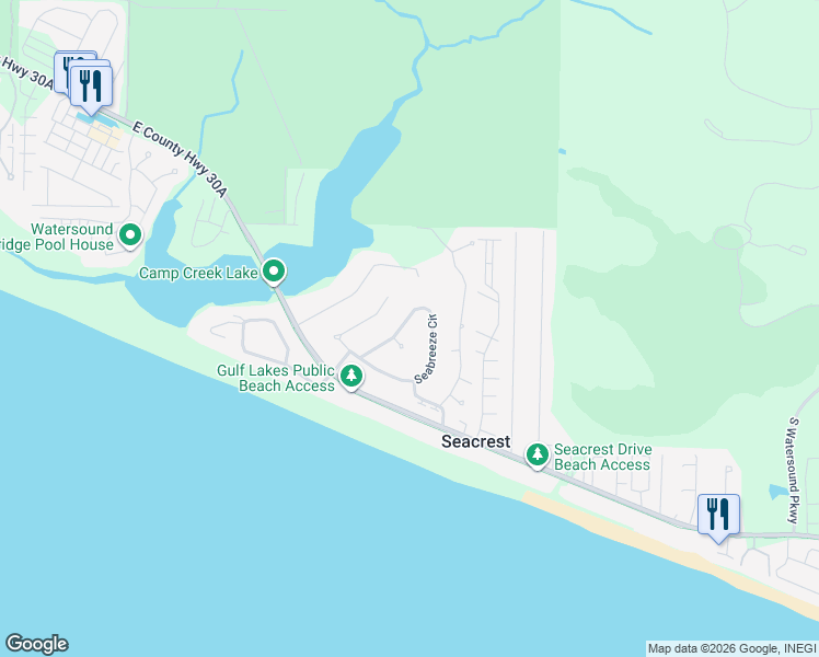 map of restaurants, bars, coffee shops, grocery stores, and more near 449 Seabreeze Circle in Panama City Beach